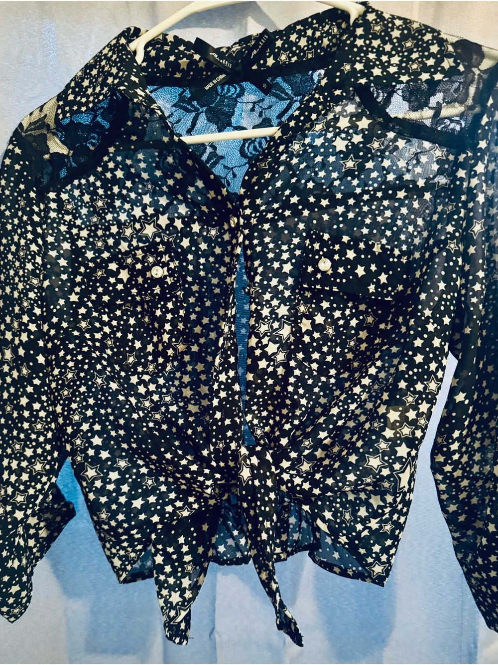 Ali & Kris Black Sheer Star-Print Tie-Front Button Down Shirt